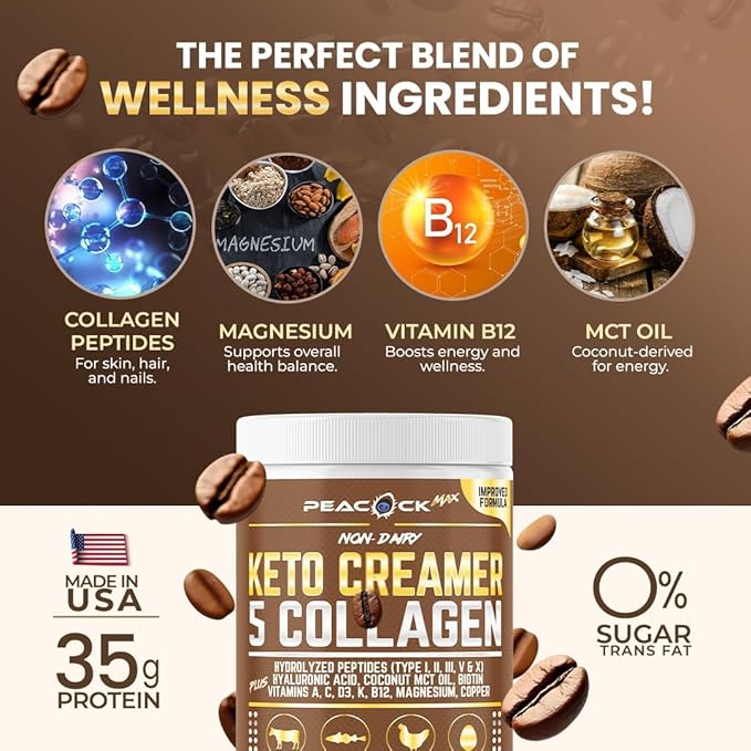 Collagen Keto Creamer Powder, Coconut MCT, Peptides, 12.22 oz, Unflavored, Hydrolyzed, B12, Magnesium (12.22 Ounces (Pack of 1))