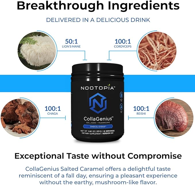 Collagenius v2.0 - Nootropic Blended Powder of 4 Mushrooms: Lions Mane, Reishi, Chaga, Cordyceps with Collagen & Superfoods - Brain Supplement (15 Servings)