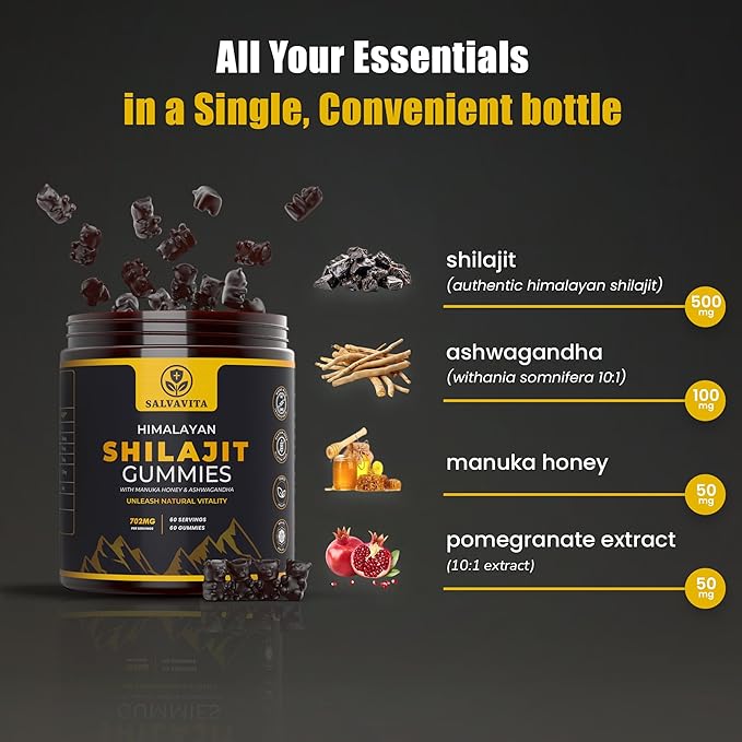Shilajit Gummies | Organic Himalayan Shilajit with Ashwagandha, Pomegranate & Manuka Honey | Delicious Chewables Gummies for Men & Women
