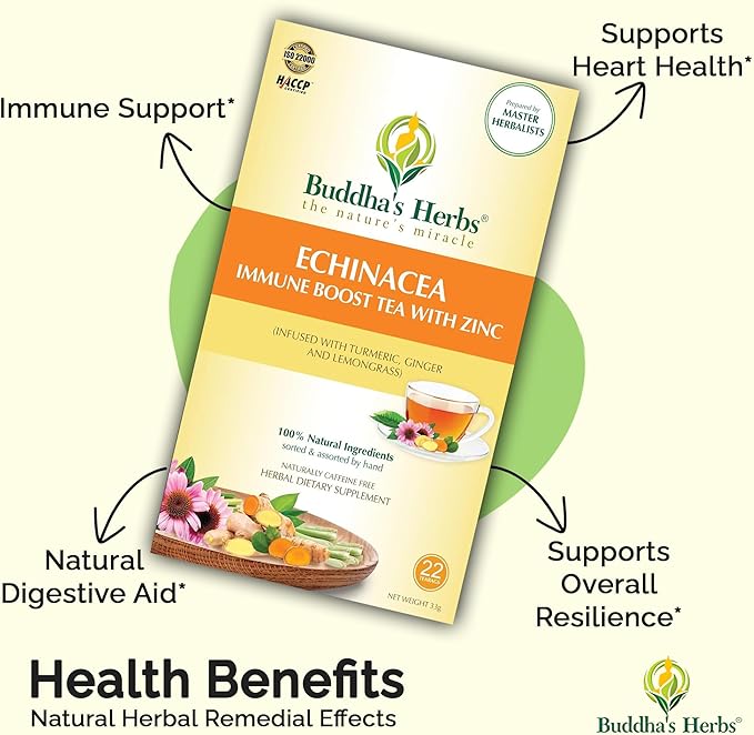 Premium Echinacea Tea with Zinc (Pack of 4, 88 Tea Bags) - Decaffeinated Healthy Tea for Immune Health - Organic Herbal Tea Bags w/Natural Ingredients - Ideal Tea Gifts for Tea Lovers