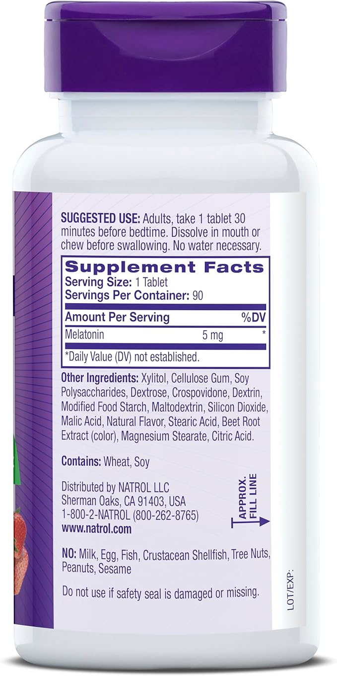 Natrol Fast Dissolve Melatonin 5 mg, Melatonin Supplements for Restful Sleep, Sleep Support for Adults, 90 Strawberry-Flavored Tablets, Up to a 90 Day Supply