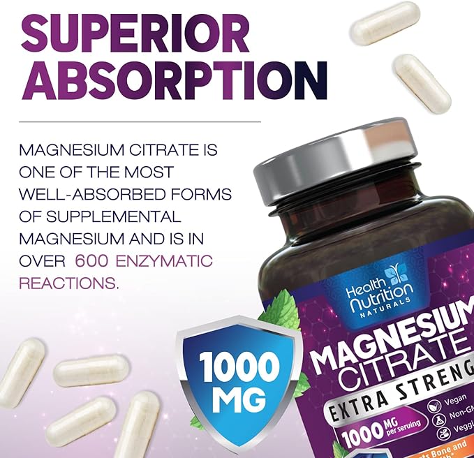 Magnesium Citrate Capsules 1000mg - Max Absorption Magnesium Powder for Muscle, Nerve, Bone and Heart Health Support, High Absorption Citrate Complex, Gluten Free, Non-GMO - 120 Capsules