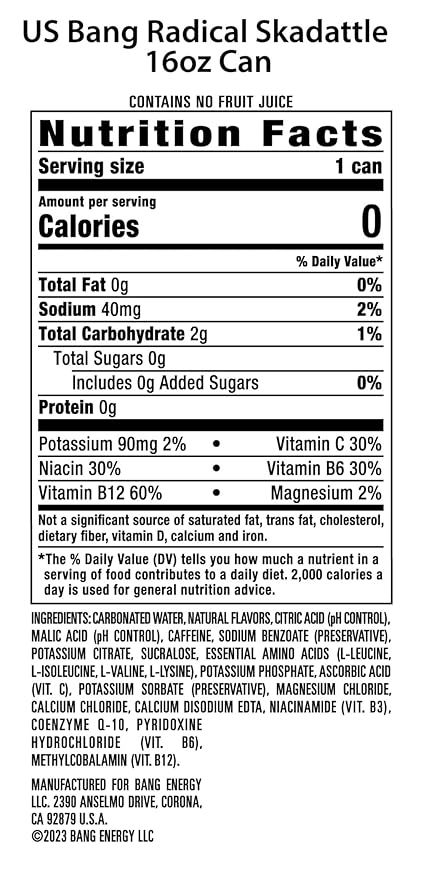 Bang Energy Radical Skadattle, Sugar-Free Energy Drink, 16-Ounce (Pack of 12)
