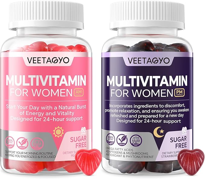 Multivitamin for Women AM & PM - Melatonin Free with w/Algae Calcium,Omega-3,Vitamin D3K2,Magnesium for Energy & Relaxation,Rest,Skin,Hair Support - Sugar Free, 24-Hour Support, Vegan,120 Count