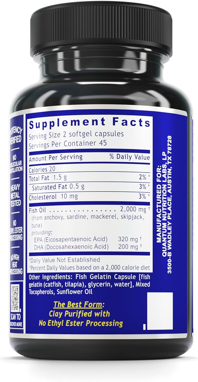 Quantum Nutrition Labs EPA DHA Fish Oil Softgels - Omega 3 Fish Oil, Omega 3 Supplement, EPA DHA, Omega 3 Fatty Acids Supplements for Women & Men, Natural - 90 Softgel Capsules