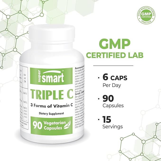 Supersmart - Triple C (3 Forms of Vitamin C) - Ascorbic Acid, Calcium Ascorbate & Ascorbyl Palmitate | Non-GMO & Gluten Free - 90 Vegetarian Capsules