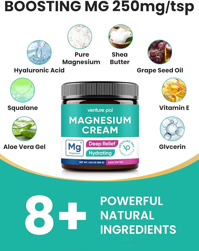 Venture Pal Magnesium Lotion, Topical Magnesium Cream for Sleep, Leg Cramps & Pain, Muscle Relaxation, Calm, Moisturizing Supplement with Coconut Oil, Shea Butter & Hyaluronic Acid, Safe for Kids