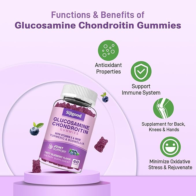 Glucosamine Chondroitin Gummies, Extra Strength Glucosamine Chondroitin MSM with Elderberry & Turmeric, Joint Health, Flexibility, Antioxidant, Immune for Adults - 60 Blueberry Flavored Gummies
