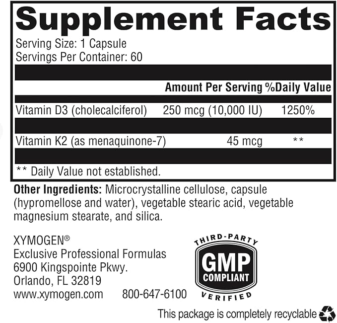 XYMOGEN K2-D3 10000 - Vitamin D3 K2 - Bioavailable Vitamin D 10,000 IU (Cholecalciferol) with Vitamin MK-7 - Heart, Arterial, Bone Health + Immune Support Supplement (60 Capsules)