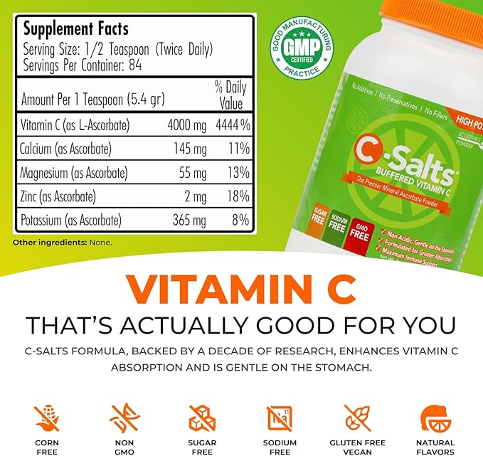 C-Salts Original Vitamin C Powder Supplement - 100% Pure High Dose Buffered Vitamin C Powder for Immune Support - Sugar-Free Powdered Drink Ascorbate, Organic, Stomach-Friendly, Original 8oz