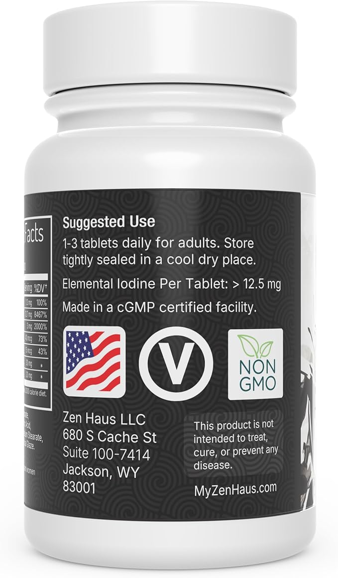 Zen Haus 12.5 mg with Selenium (as Selenomethionine) and More - 200 Tablets - Thyroid Plus Immune Support - High Potency Iodine Tablets - Compare to Lugol's Iodine Pills
