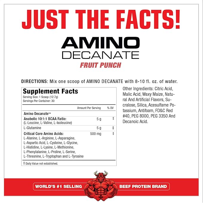 MuscleMeds Amino DECANATE, Intra, Post Workout Drink, Full Spectrum Amino Acid Complex, Leucine, Muscle Recovery, Fruit Punch, 30 Servings