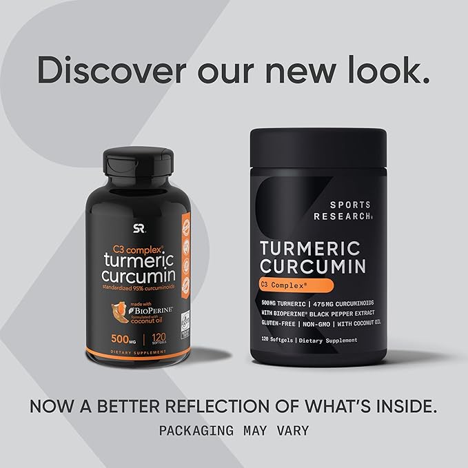 Sports Research Turmeric Curcumin C3 Complex - Softgels with Bioperine Black Pepper Extract & Organic Coconut Oil, Standardized 95% Curcuminoids - Non-GMO Verified & Gluten Free - 500mg, 120 Count