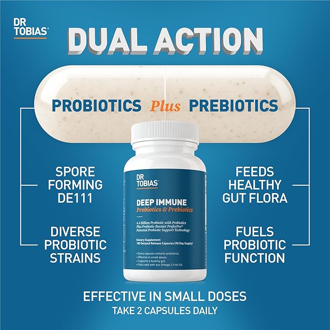 Dr. Tobias Deep Immune Probiotics & Prebiotics, Dual Action Digestion & Immune Support with PreforPro Prebiotics & Delayed Release Spore Forming Probiotics for Women & Men, 180 Capsules, 90 Servings