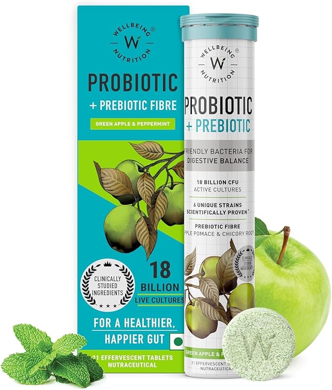 Wellbeing Nutrition Daily Probiotics + Prebiotics | Improve Metabolism, Acidity Relief, Digestion & Gut Health | 18 Billion CFU Organic Probiotics Supplement for Men & Women (21 Effervescent Tabs)