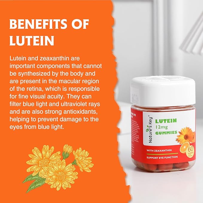 Nature's Key Lutein Gummies 12mg with Zeaxanthin & Vitamin A for Kids and Adults | Eye Health and Brain Function Supplement | Orange Flavor, 60Ct