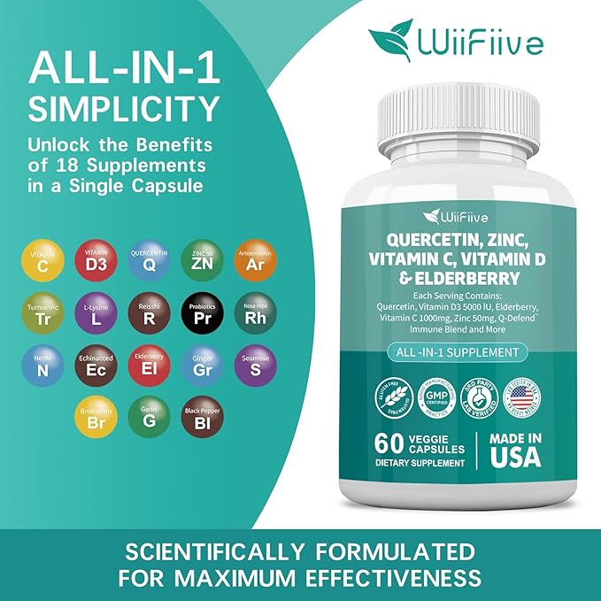 60 Count Quercetin 50 mg Zinc 1000 mg Vitamin C 5000 IU Vitamin D3 1000 mg Turmeric 1000 mg Elderberry with Q-Defend Immune Blend Reisshi Nettle Arteemisinin, Non-GMO, Free Supports Health