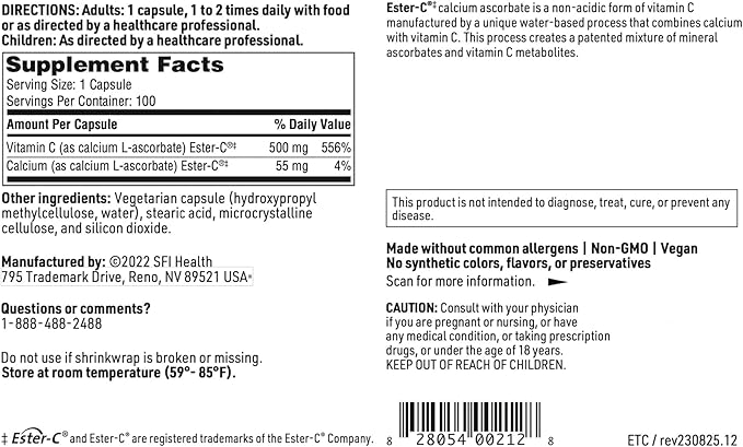 Klaire Labs Ester-C - 500 mg Buffered Vitamin C - Non-Acidic Form Designed to Be Gentle On The Stomach - Immune & Antioxidant Support - Hypoallergenic (100 Capsules)