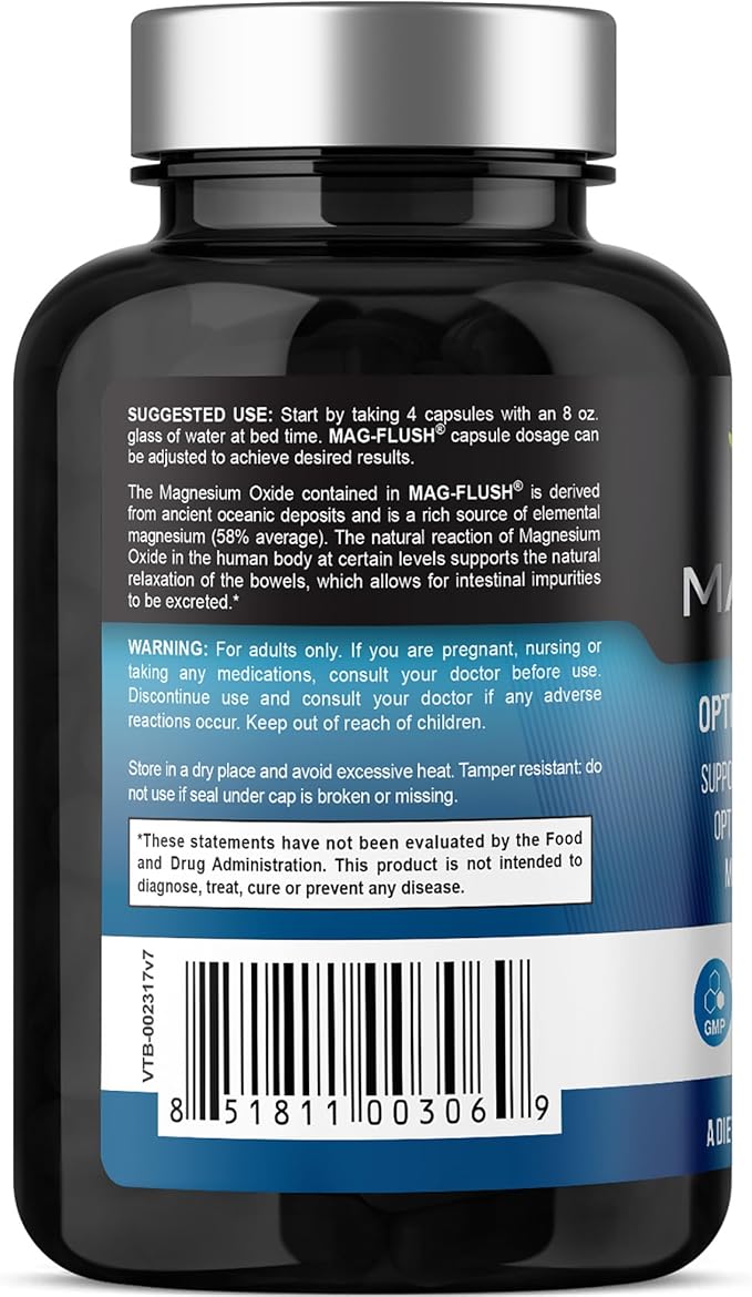 Mag Flush Magnesium Oxide Capsules 750mg 120 Vcaps - Oxygenated Magnesium Oxide Supplement for Constipation Relief, Colon Cleanse, Laxative and Digestion Support for Women and Men