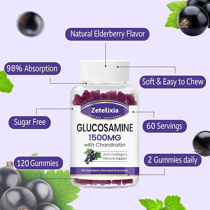 2 Pack Glucosamine Chondroitin Gummies, Glucosamine Chondroitin with MSM, Elderberry, Turmeric - Joint Support Supplement for Adults, Men & Women, Elerberry Flavor 120 Count