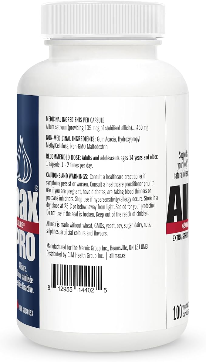 Allimax Pro 450mg 100 Vegicaps. Allicin Garlic Supplement to Support Your Body’s Immune Function. With Stabilized Allicin Extracted from Clean & Sustainable Spanish Grown Garlic. Professional Strength