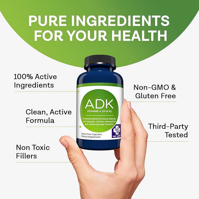 MD.LIFE A D K Vitamin Supplement - Vitamin D3 K2 and A - 120 Capsules - Bone Health and Heart Health Support – High Potency Vitamin ADK Supplement - ADK Complex