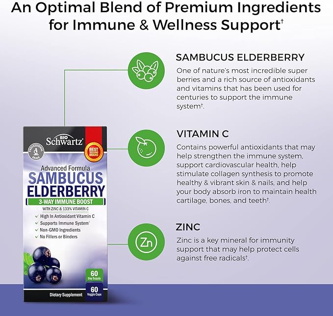 Elderberry with Zinc and Vitamin C for Adults - Immune Support Vitamins for Women and Men Natural Elderberries Black Sambucus Capsules - Immune Defense Multiminerals Supplement, Gluten-Free, 60 Ct