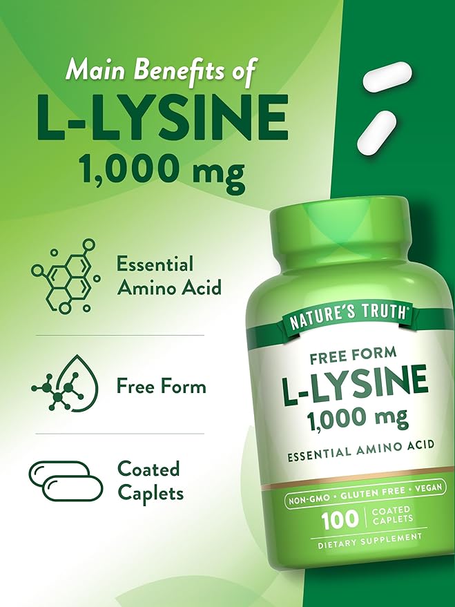 Nature's Truth L Lysine 1000mg | 100 Coated Caplets | Essential Amino Acid | Vegan, Non-GMO, & Gluten Free Supplement