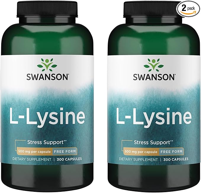 Swanson Free Form L-Lysine - Natural Supplement Promoting Stress Support & Nervous System Health - May Promote Calm Mood & Relaxation - (300 Capsules, 500mg Each) (2 Pack)