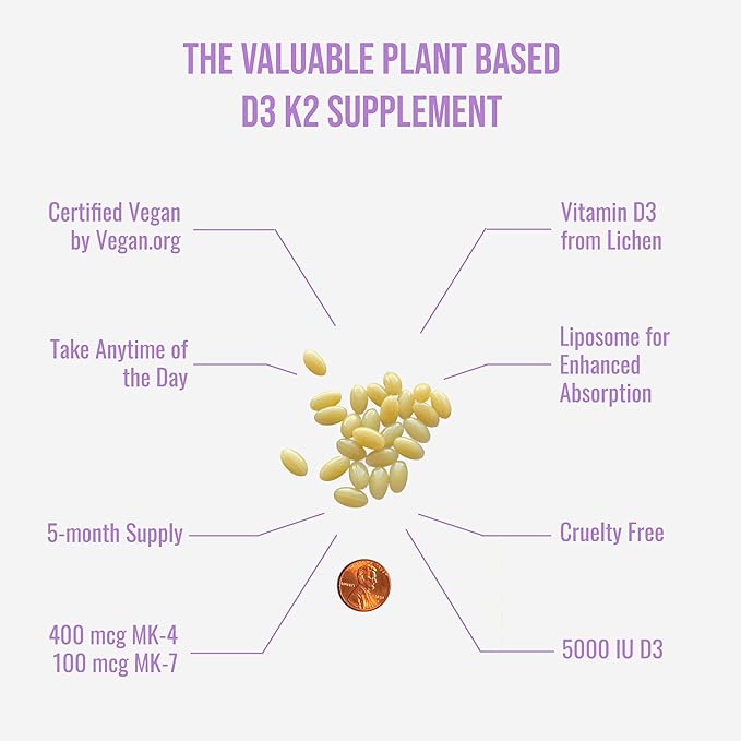 UpNourish Certified Vegan Vitamin D3 5000 IU K2 MK4 MK7 500 mcg Supplement, 150 Softgels, Plant Based Liposomal Vitamin D K with Organic Coconut Oil, Non GMO, Gluten and Gelatin Free