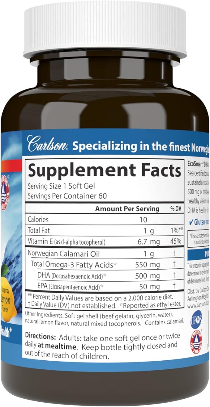 Carlson - EcoSmart DHA 500, Sustainable Source, Supports Healthy Vision & Brain Function, Lemon, 60 soft gels