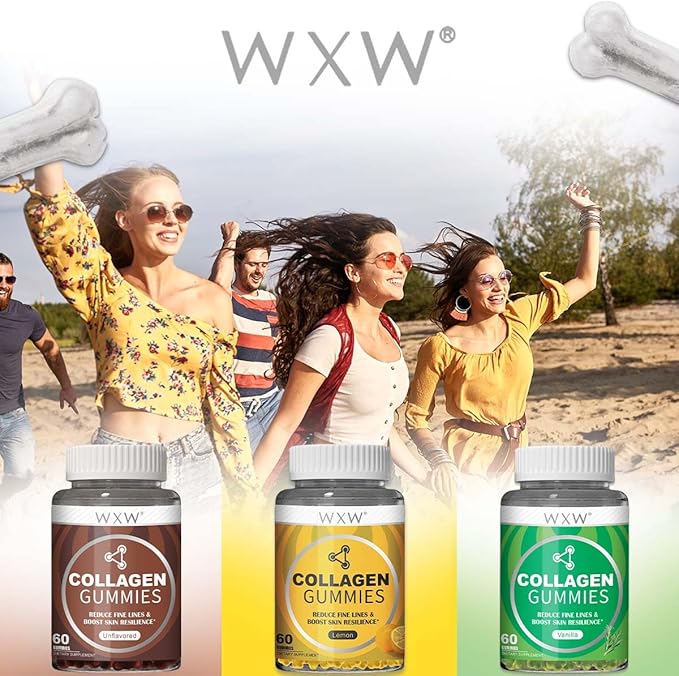 WXW Collagen Gummies - Unflavored - Type 1 & 3 Collagen Peptides for Women with Biotin, Vitamin C, E for Hair Skin and Nails & Joint Support - 60 Count