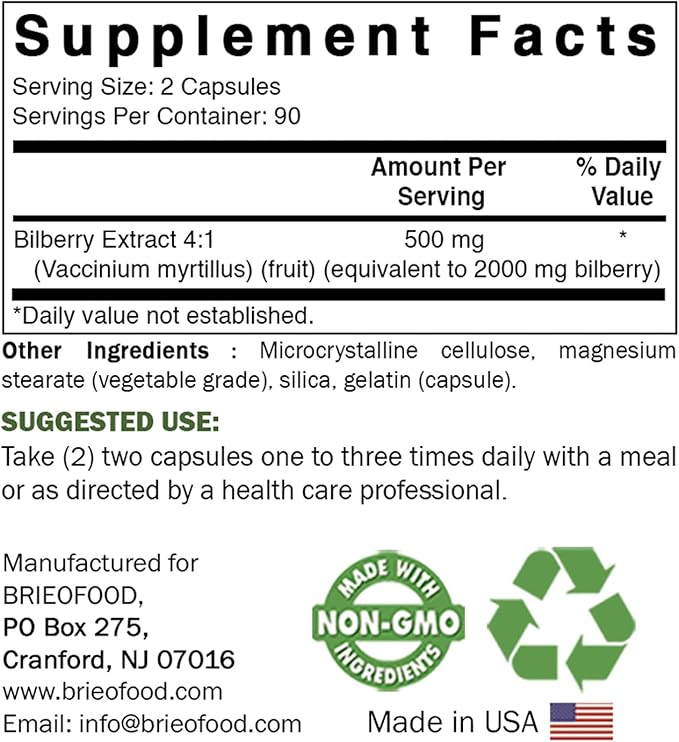 Brieofood Bilberry Extract 2000 mg per Serving 180 Capsules