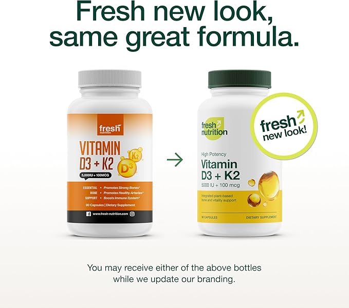 Fresh Nutrition Vegan Vitamin D3 + K2 Capsules - 5000 IU D3 + 100mcg K2 as MK-7 for Optimal Absorption - Immune Health, Bone Health, Mood - Non GMO - 90 Capsules, 3 Month Supply
