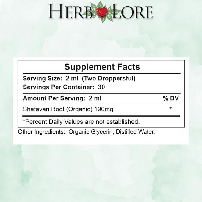 Herb Lore Organic Shatavari Root Extract Tincture - Liquid Shatavari Drops (Asparagus Racemosus) for Lactation and Wellness Support - Alcohol Free (2 fl oz)