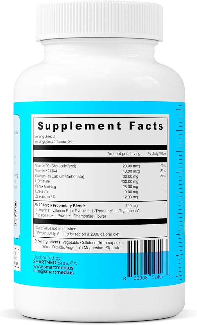 SMARTGROW 5-in-1 Premium Maximum Height Growth for Kids & Teenagers - Calcium, Vitamin D3, Amino Acids - Sleep Aid, Immunity Support, Brain Health, Bone Strength, Eye Protection 90 Capsules