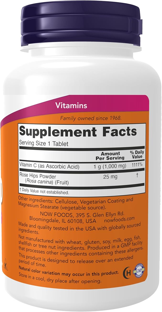 NOW Foods Supplements, Vitamin C-1,000 with Rose Hips, Sustained Release, Antioxidant Protection*, 100 Tablets