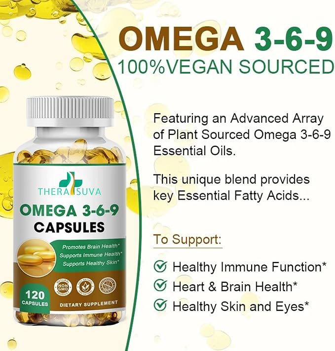 High-Potency Omega 3-6-9, 100% Vegan Sourced Natural Supplement for Heart and Joint Health 120 Softgels, 60 Day Supply