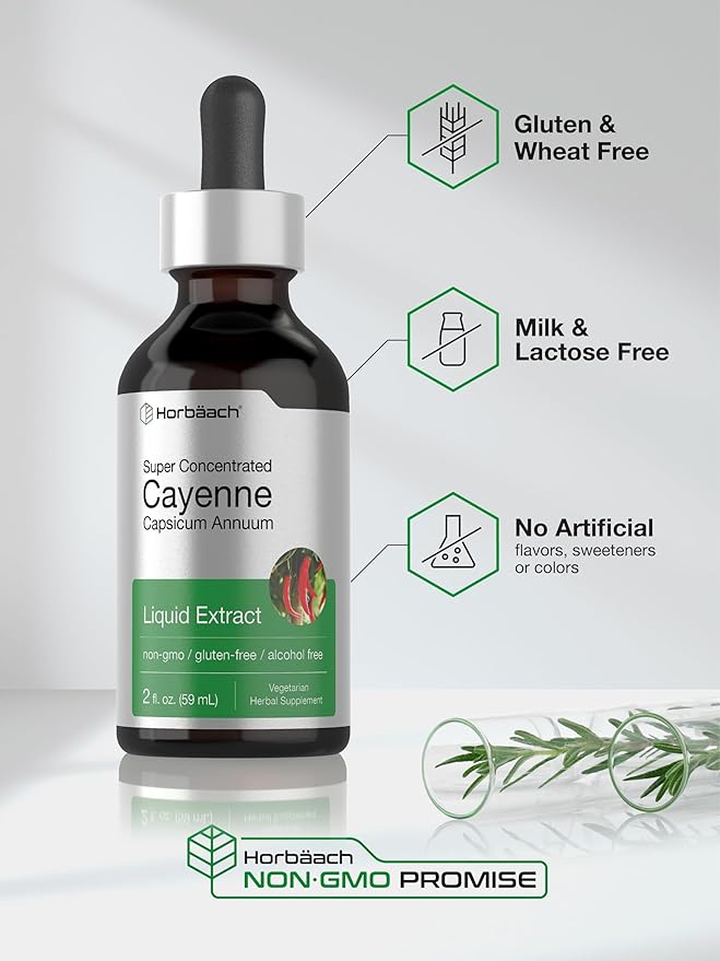 Horbäach Cayenne Pepper Tincture | 2 fl oz Liquid Extract | Vegetarian, Alcohol Free | Non-GMO, Gluten Free Supplement