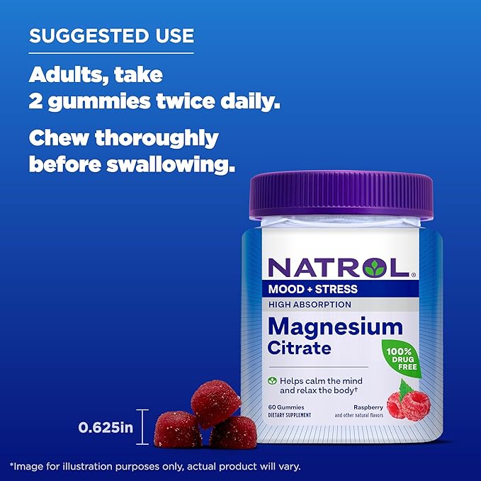 Natrol Mood + Stress Magnesium Citrate 330mg, Dietary Supplement for Mood and Occasional Stress Support, 60 Raspberry-Flavored Gummies, 15-Day Supply