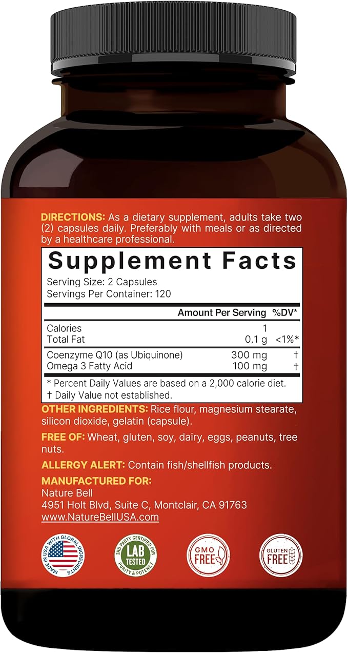 CoQ10 (Ubiquinone) 300mg with Omega 3, 240 Capsules - 120 Day Supply | Stable High Absorption Form – Antioxidant Support for Heart & Energy Health – Extra Strength Coenzyme Q10 Supplement