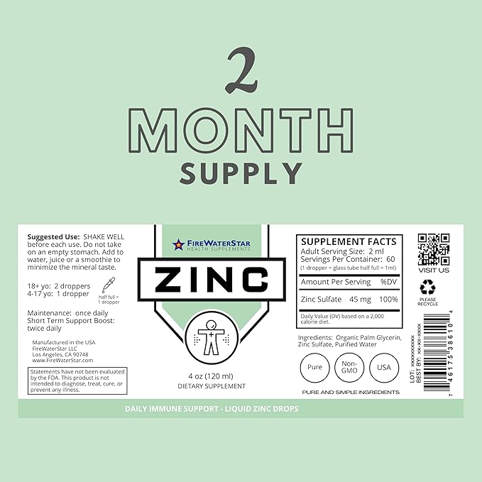 FWS Zinc Supplements - Liquid Zinc Drops for Men, Women, Kids - Organic, Non-GMO, Vegan - Supports Immune Health, Skin, and Overall Wellness - 4 oz