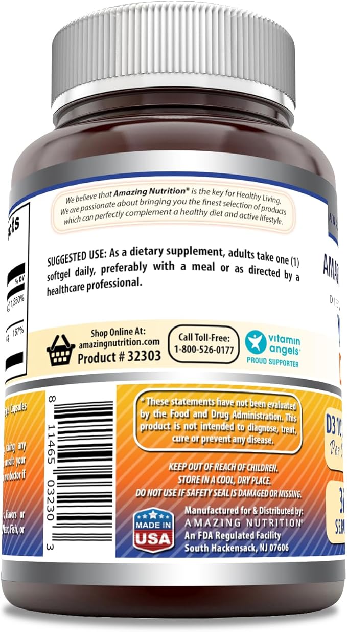 Amazing Formulas Vitamin D3 10000 IU with Vitamin K2 200 Mcg | D3 + K2 Complex Supplement | Non-GMO | Gluten-Free | Made in USA (360 Count, 1 Pack)