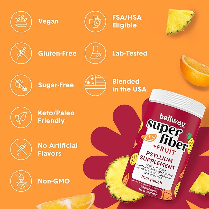 Bellway Super Fiber Powder + Fruit, Sugar Free Organic Psyllium Husk Powder Fiber Supplement for Regularity, Bloating Relief & Gut Health, Non-GMO, Plant-Based, Fruit Punch (50 Servings)