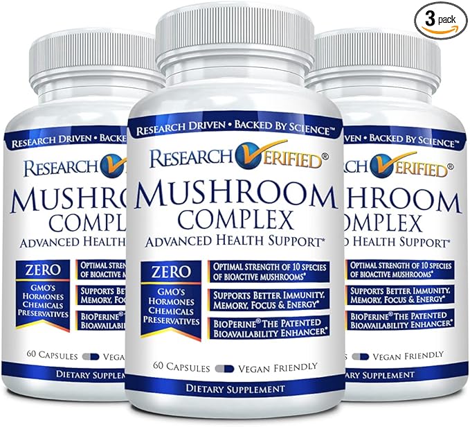 Research Verified Mushroom Complex - Support Immunity, Boost Antioxidants, Improve Cognitive Function - 10 Mushrooms Including Reishi, Maitake, and Shiitake - 180 Capsules - Vegan