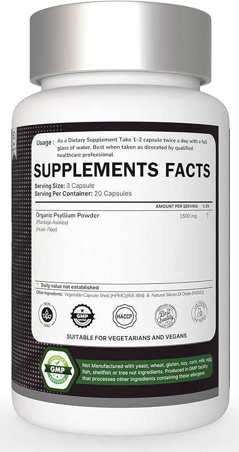 Psyllium Husk Fibre Capsules 1000mg (60 Caps) – Natural Digestive Supplement, unflavored, Gluten-Free, Non-GMO, Wheat & nut Free. Serving Size: 2 Capsules. for Men & Women.