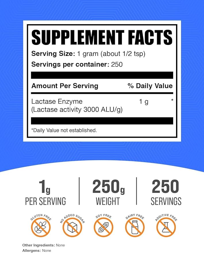 BulkSupplements.com Lactase Enzyme (3000 ALU) Powder - Digestive Enzyme Lactase, Lactase Enzyme Supplement - Gluten Free, 1g per Serving, 250g (8.8 oz) (Pack of 1)