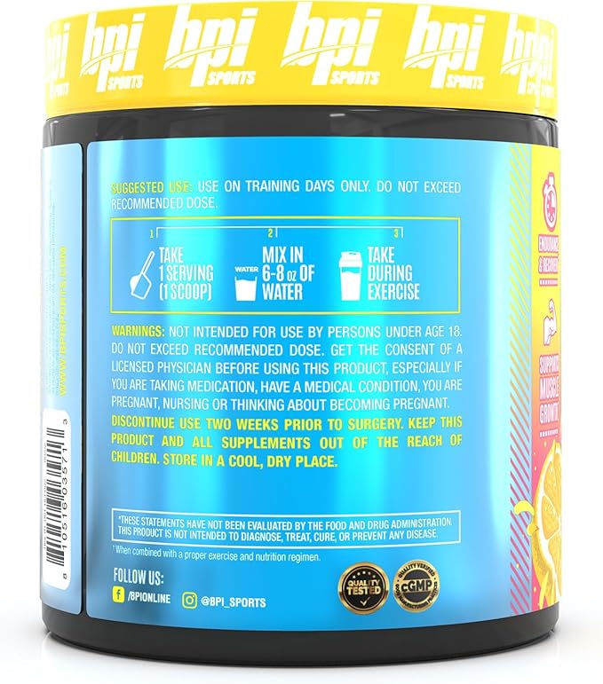 BPI Sports Best BCAA Pump - BCAA Powder Intra Workout Sports Drink with Branched Chain Amino Acids for Hydration & Recovery, for Men & Women - Lemon Squeeze - 25 Servings
