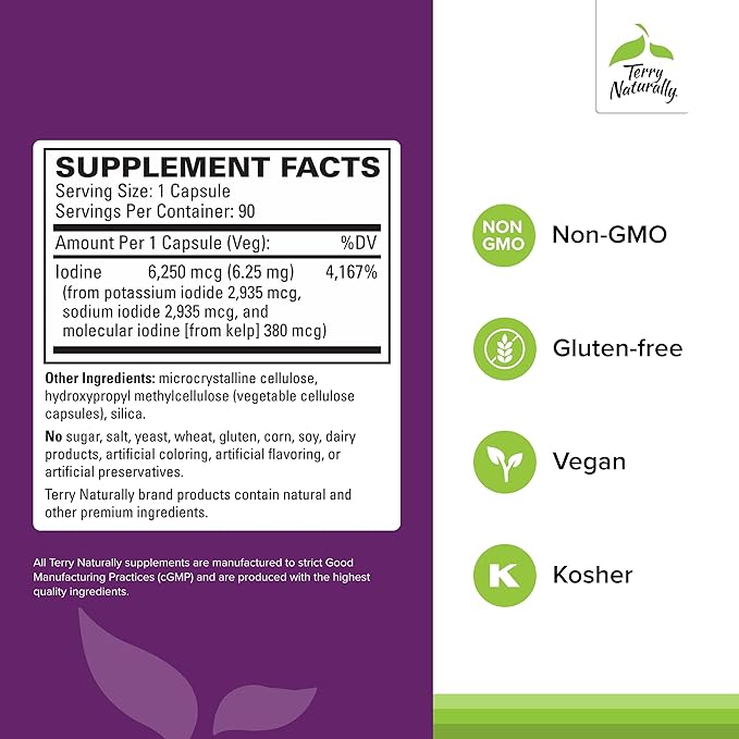 Terry Naturally Tri-Iodine - Support Thyroid Health - Aids Hormone Balance with Molecular Iodine from Kelp - Features Potassium Iodide & Sodium Iodide - Brain & Energy Support - 6.25mg, 90 Capsules