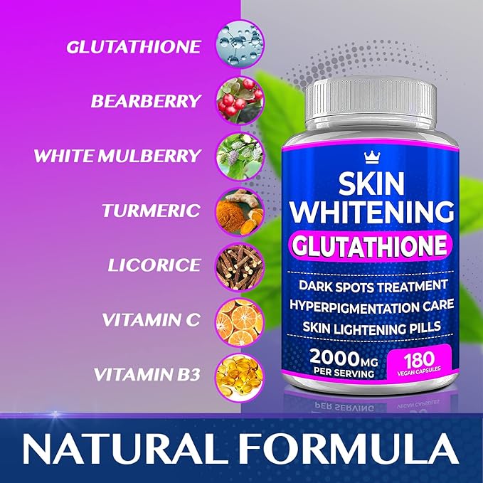Glutathione Whitening Pills - 180 Capsules 2000mg Glutathione - Effective Skin Lightening Supplement - Dark Spots, Melasma & Acne Scar Remover, Hyperpigmentation Treatment - Anti-Aging Antioxidant
